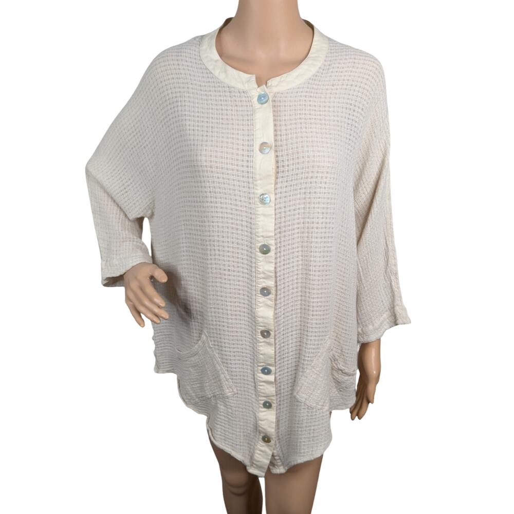 Soft Surroundings Ivory Checkered Cotton Gauze Asymmetric Lagenlook Blouse SZ M
